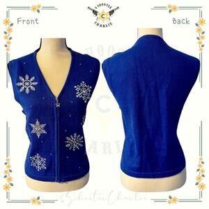 Merry & Bright Petite Medium Vest Full Zip Blue With Silver Rhinestone Snowflake